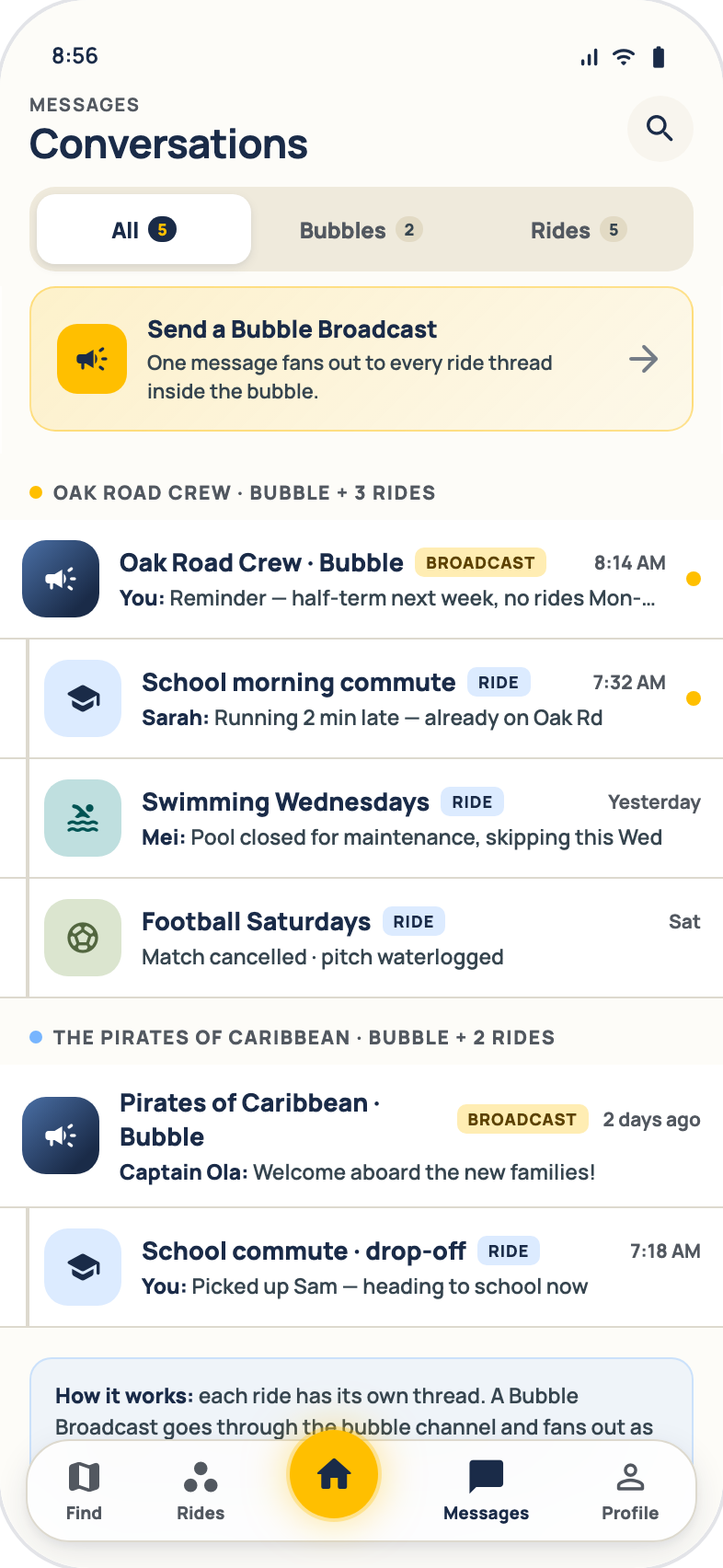 Bubble conversations — broadcast and ride threads