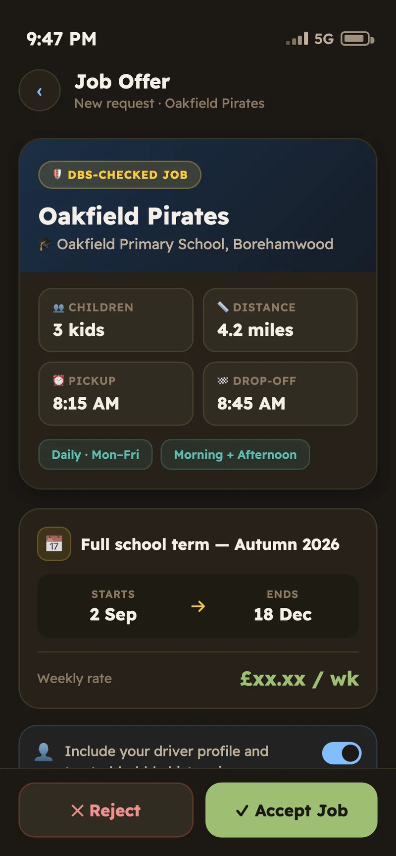 Job offer — full school term, weekly rate