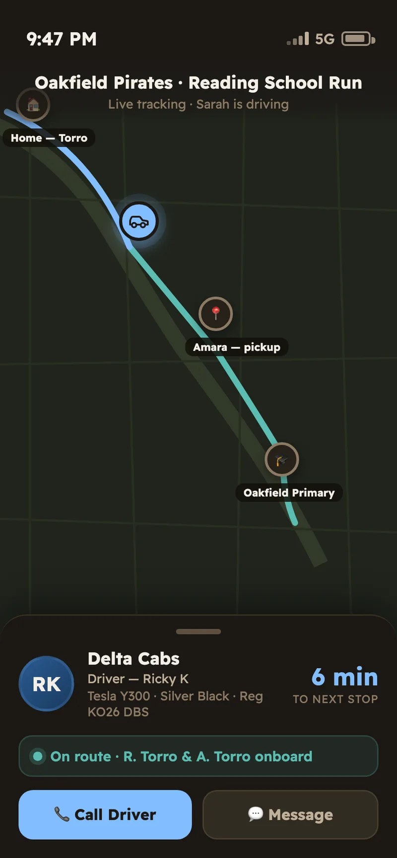 Live tracking — driver on route