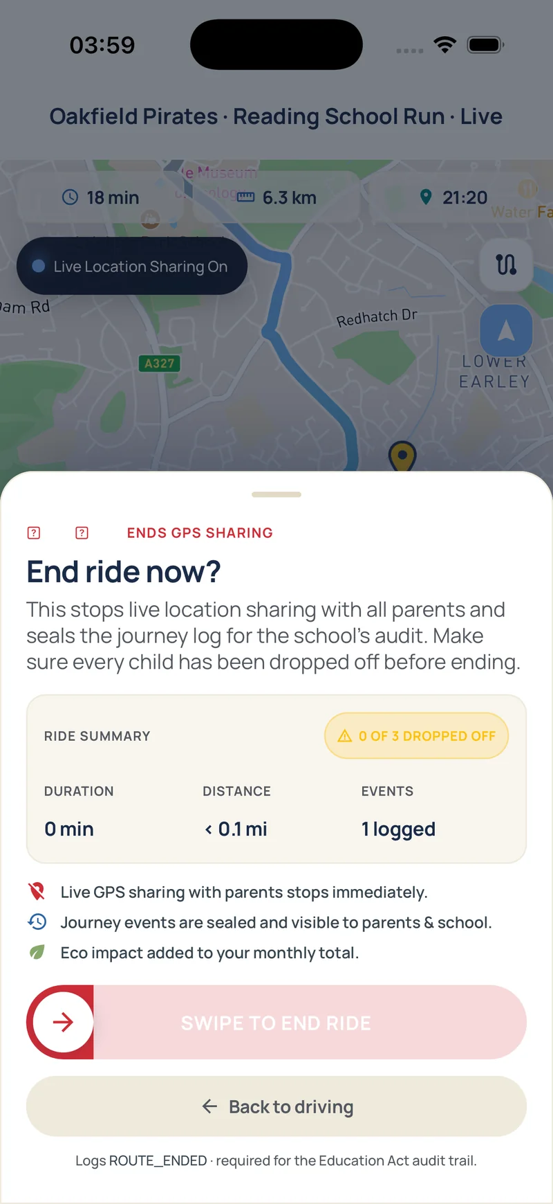 End of ride — journey log sealed