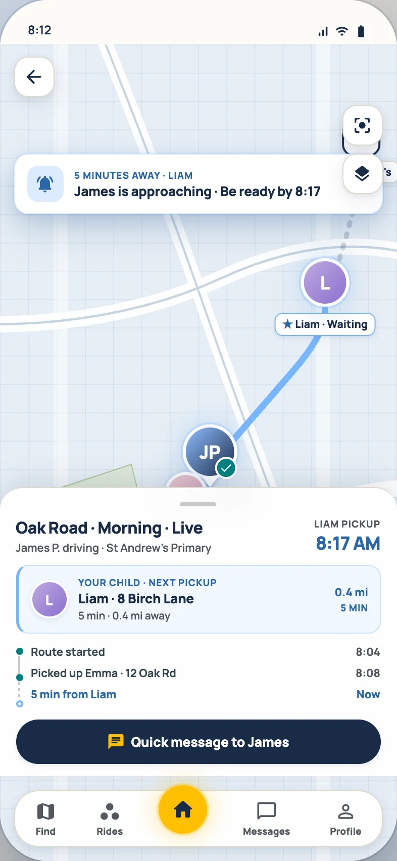 The KinOrbit app showing live GPS — the driver approaching with a 'be ready by 8:17' arrival ping
