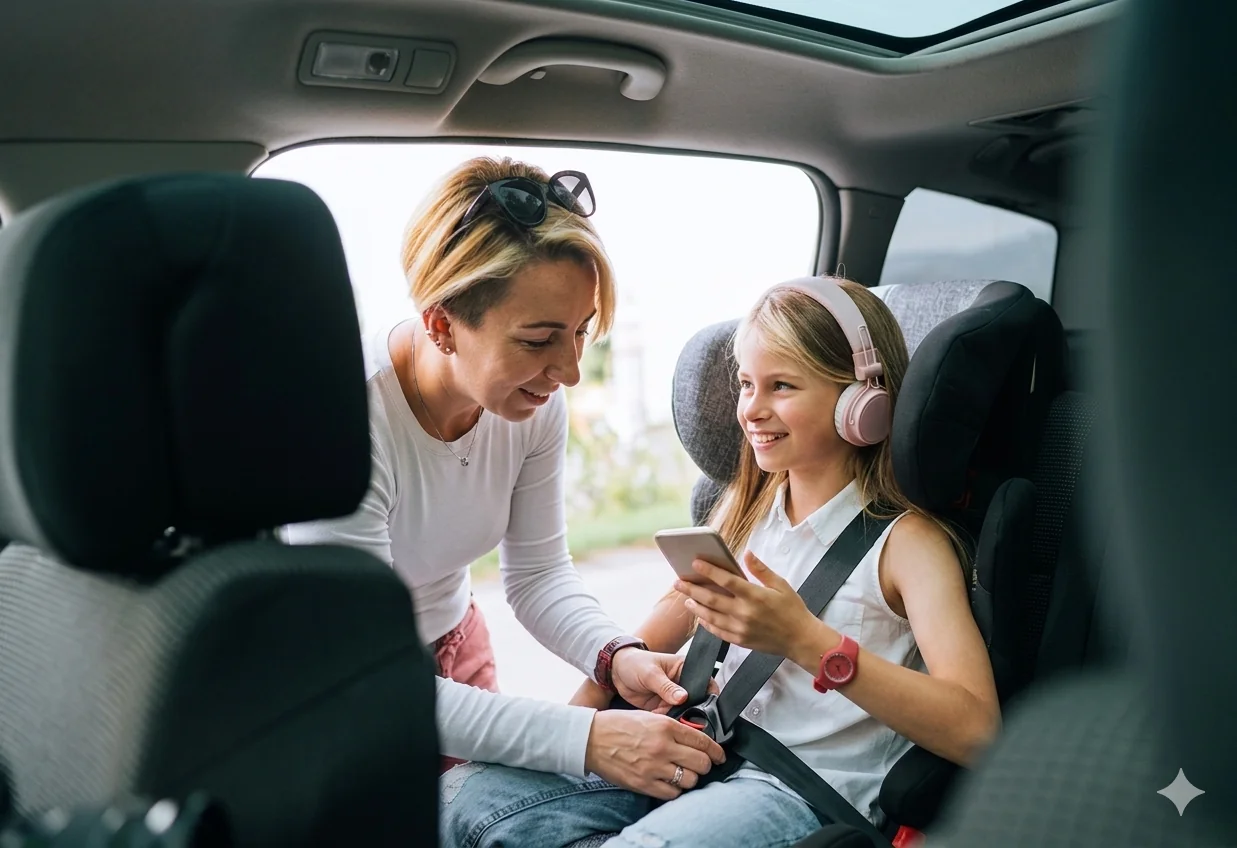 A parent securing their smiling child's seatbelt in the back of the car